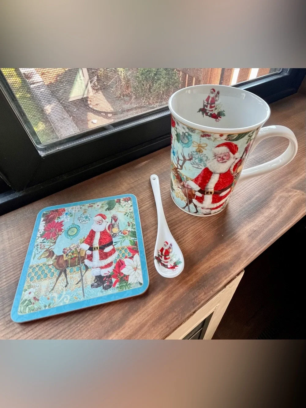 Vintage Style Santa Mug, Spoon & Coaster Set - Red, White, Turquoise